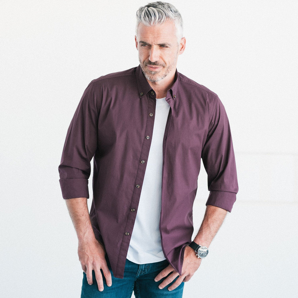 Essential Button Down Collar Casual Shirt - Burgundy Stretch Cotton Poplin