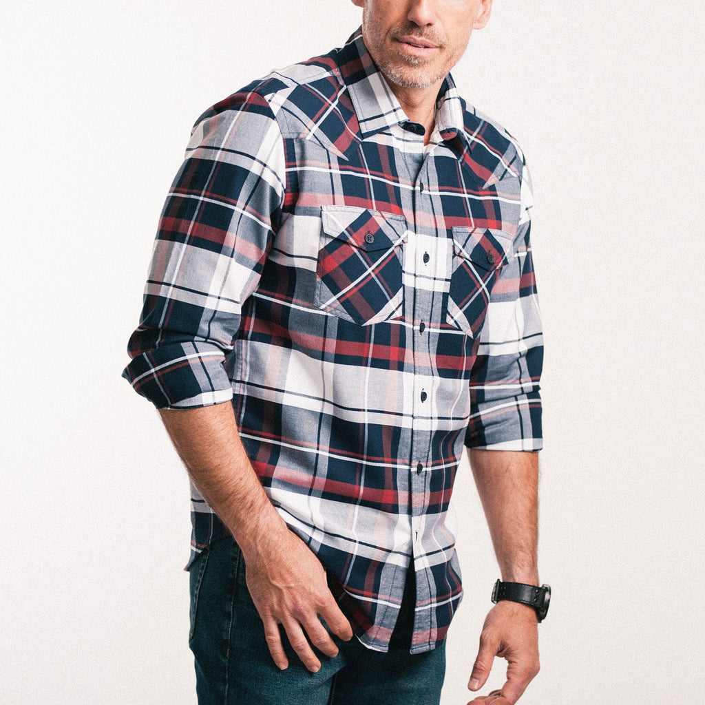Maker Shirt – Navy, Red and White Cotton Oxford Plaid