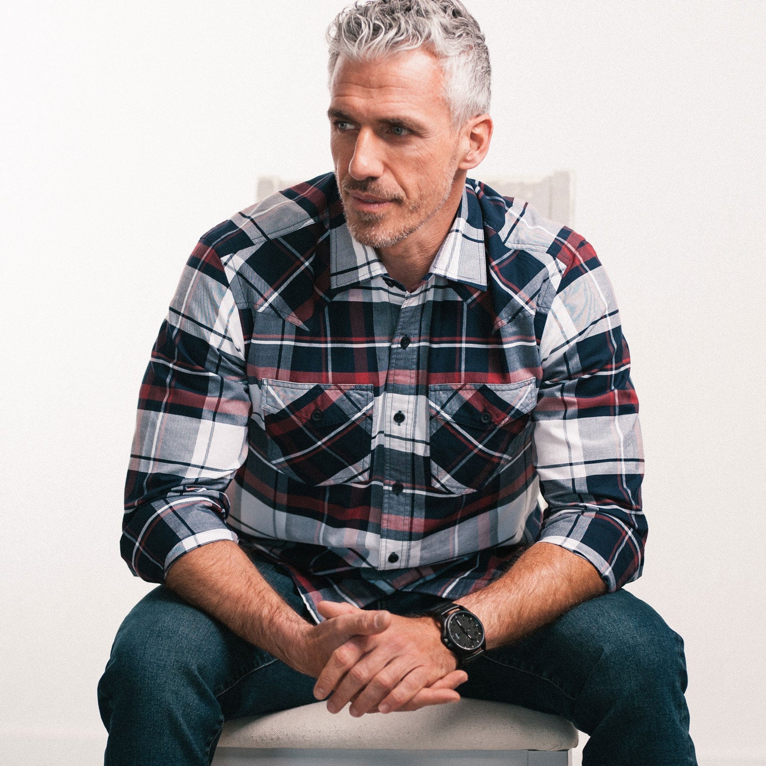 Maker Shirt – Navy, Red and White Cotton Oxford Plaid