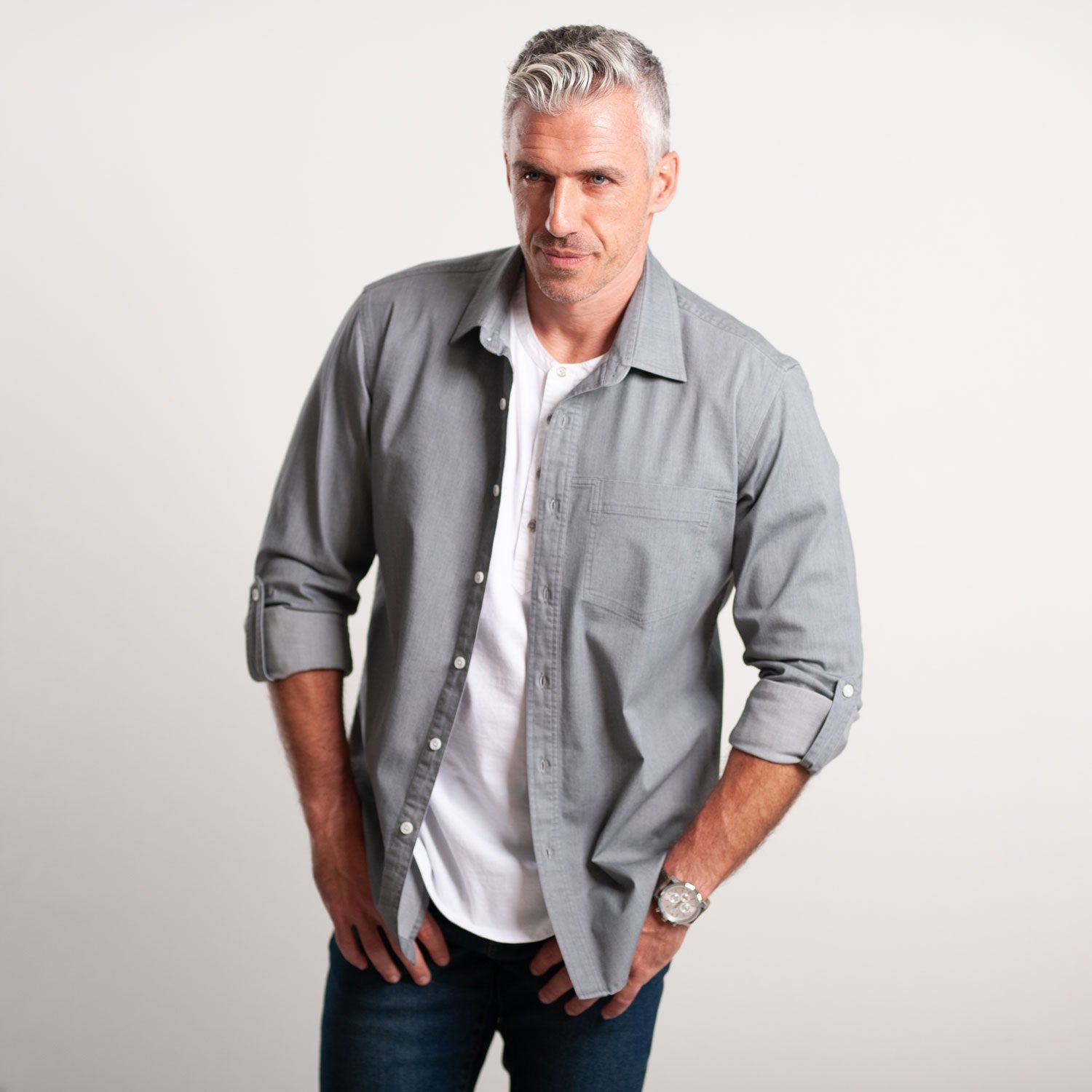 Freelancer Casual Shirt – Aluminum Gray Cotton Stretch Twill