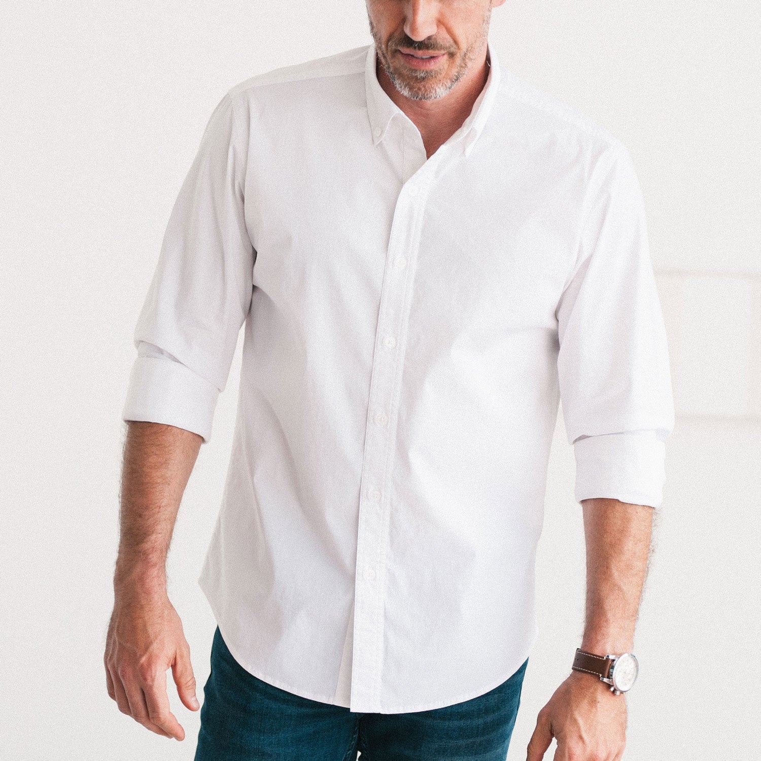 Essential Button Down Collar Casual Shirt - Classic White Stretch Cotton Poplin